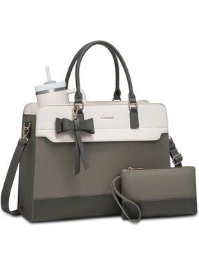 Women's Green Leather Waterproof Striped Zipper Laptop Briefcase Tote Handbag